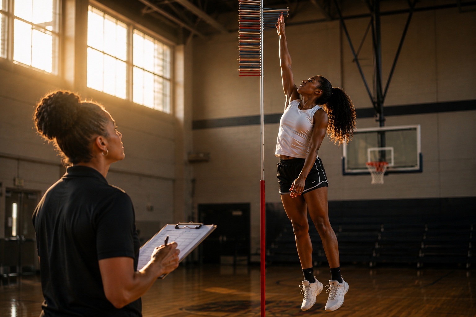 Coach measuring an athlete's vertical jump on a Vertec