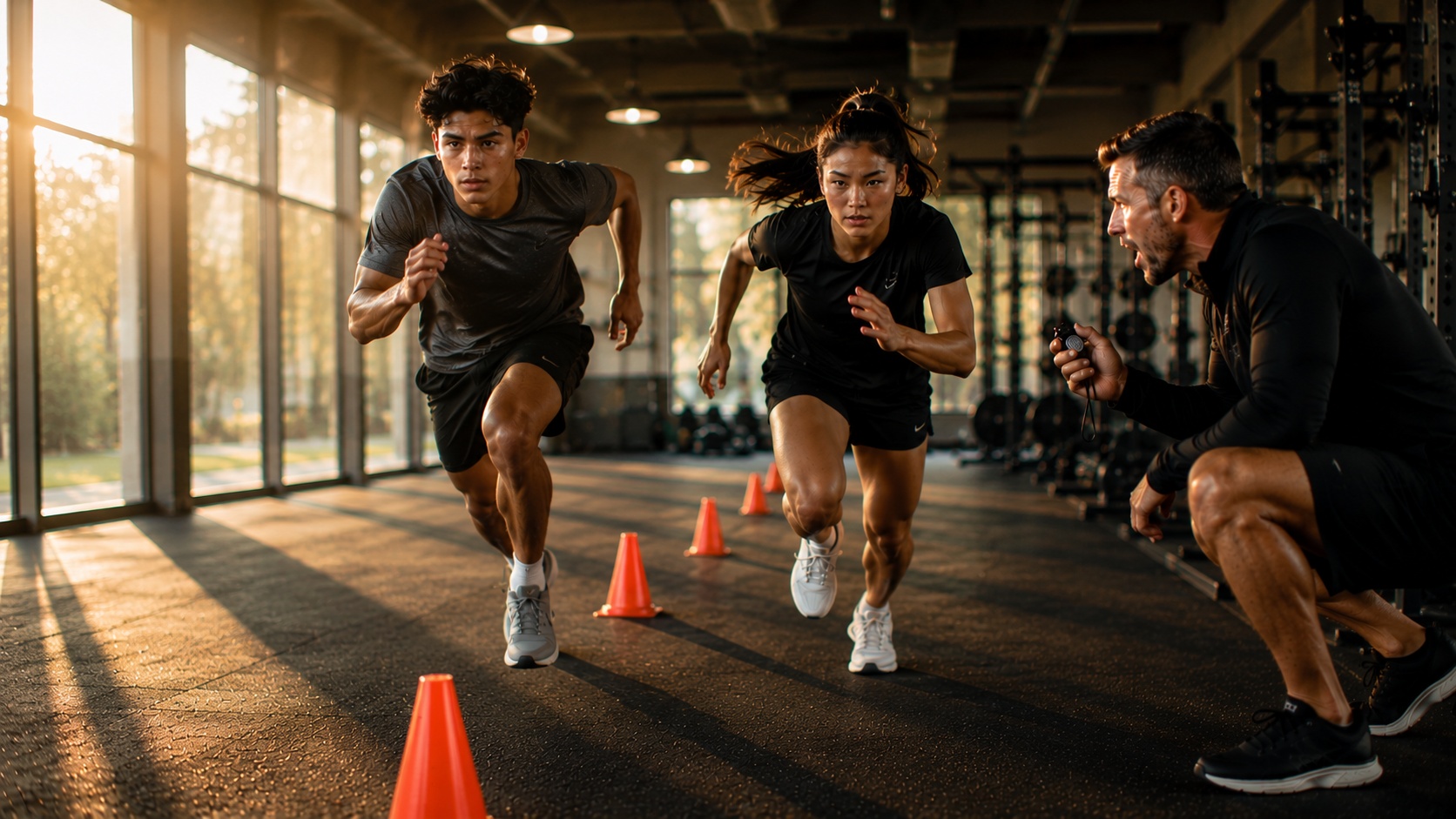 Coach timing two teenage athletes sprinting through a cone drill together