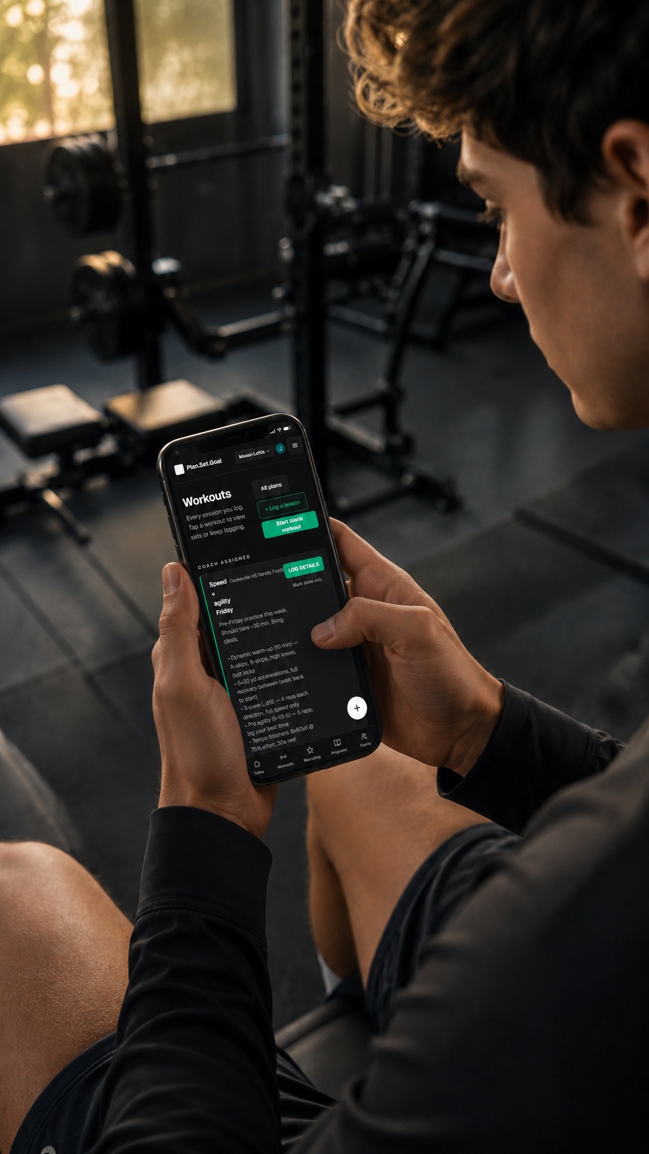 Athlete running a coach-assigned plan on the Plan.Set.Goal workouts page